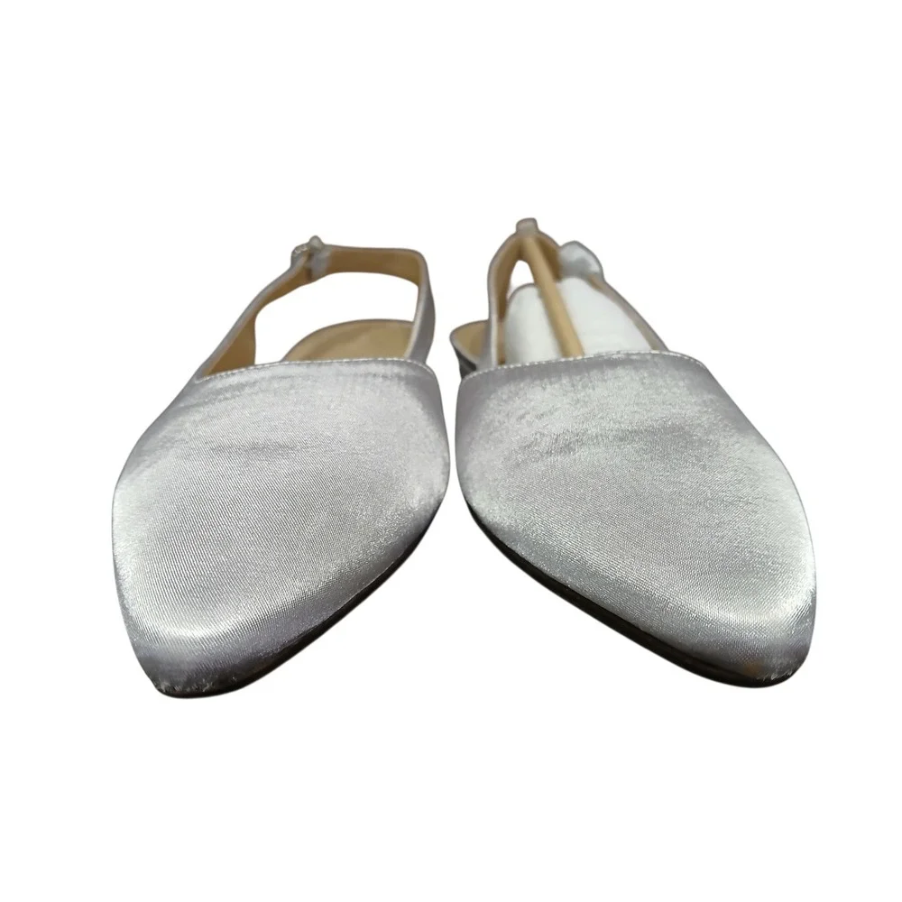 Lands End Silver White Satin Slingback Pointed Toe Low Heel Flats Womens 10